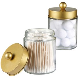 Amolliar Apothecary Jars Bathroom Storage Organizer -Countertop Storage Organizer Canister Jar - Cute Qtip Dispenser Holder Glass with Lid- for Cotton Swabs,Bath Salts,Hair Band / 2-Pack(Gold)