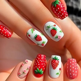 24Pcs Cute Press on Nails Medium Square Fake Nails Red Strawberry False Nails with Flower Design Full Cover Glue on Nail Cute Reusable Acrylic Nails Kit Holiday DIY for Women Girls