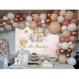 Avezano Mi Bautizo Backdrop Boho Baptism Party Decorations for Girl Blush Pink Floral Angel God Bless Photography Background Christening Newborn Baby Shower Props(7x5ft)