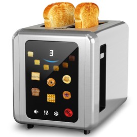 WHALL Full Touch Screen Toaster 2 Slice, 1.5'' Wide Slot Stainless Steel Toaster with Digital Timer, 6 Bread Types & 6 Shade Settings, Crumb Tray, Reheat/Defrost, Smart Toasters for Breads, Bagels