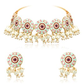 Aheli Handcrafted Enamel Meenakri Choker Necklace with Earrings Indian Traditional Jewelry Set for Women