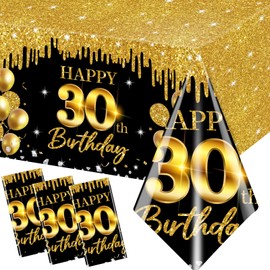 3Pcs 30th Birthday Tablecloth Black and Gold 30th Birthday Decorations Happy 30th Birthday Table Cloth, Cheers to 30 Years Birthday Table Cover for Him Her 30th Birthday Party Supplies