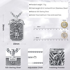 Eusense Archangel Michael/Saint Christopher/Saint Jude Thaddeus/Seven Archangels/Holy Mary/Jesus Cross Pendant Amulet Necklace 925 Silver Christian Chain Jewellery Men Women, Sterling Silver