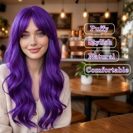 PLULON Dark Purple Long Curly Wigs with Heart Sunglasses for Women, Colored Curly Wavy Wig 28 Inch Synthetic Hair with Hair Cap for Neon Party Mardi Gras Costume Cosplay Bachelorette Club Stage