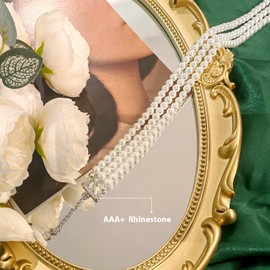 Zeffy Pearl Choker Necklace Round Imitation Pearl Necklace Multi Strands Choker Wedding Party Prom Vintage 1920s Short Choker Necklace for Women