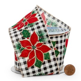 2-1/2 X 10 Yds Poinsettia On Gingham Wired Ribbon Christmas