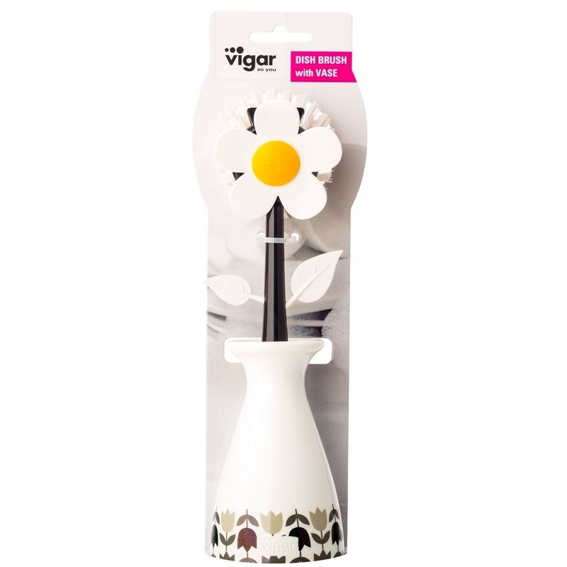 Vigar Flower Power Nylon Dish Brush with White Vase Holder,