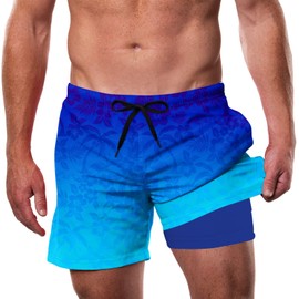 Cozople Swim Trunks for Men Novelty Hawaiian Gradient Blue Swimming Shorts Elastic Quick Dry Beach Board Shorts for Sports