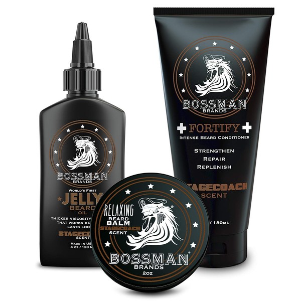 Bossman Essentials Beard Kit - Made in USA - Jelly Beard Oil - Conditioner - Beard Balm - Natural Ingredients (Stagecoach Scent)