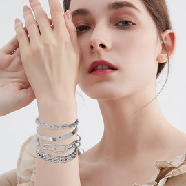FFWTPY 4 Pcs Chain Bracelet Sets for Women Gold Chain Charm Bracelets Set Metal Link Bracelet Set Chunky Flat Cable Chain Silver Adjustable Fashion Jewelry Gift for Her Girls (Silver)