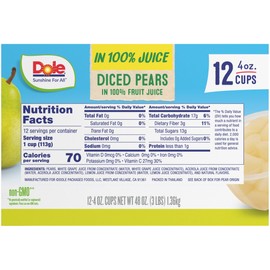Dole Diced Pears in 100% Fruit Juice, Gluten Free Healthy Snack, 4 Oz Fruit Bowls, 12 Total Cups