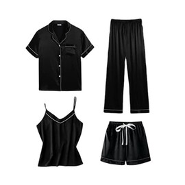 MAIABLEAU Silk Pajamas Set Women 4Pcs Satin Pajamas Set Button Down Short Sleeve Cami Shorts Sleepwear Pj Set Black L