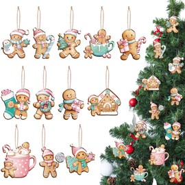 Kathfly 24 Pcs Pink Gingerbread Christmas Decor Watercolor Christmas Gingerbread Man Wooden Hanging Ornaments with Hemp Rope Cartoon Wooden Craft Slices for Xmas Tree Winter Office Home Decoration