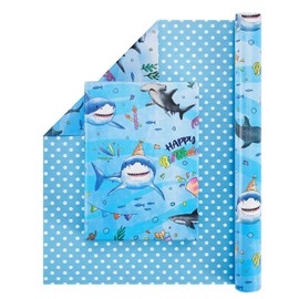 WERNNSAI Shark Reversible Wrapping Paper Roll - 1 Roll 17” x 33 ft Happy Birthday Wrapping Paper Roll Kids Blue Ocean Birthday Gift Wrap Roll Boys Wrapping Paper Polka Dot Design Summer Bday Party Favor