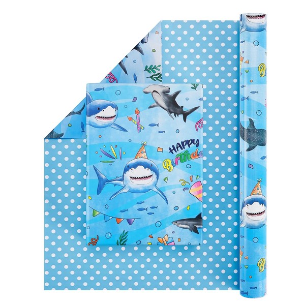 WERNNSAI Shark Reversible Wrapping Paper Roll - 1 Roll 17”