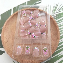 Spring Press on Nails Short Oval Fake Nails White French Tip Acrylic Nails Glossy Glue on Nails Cute False Nails with Flower Green Leaves Designs Nude Stick on Nails for Women 24Pcs