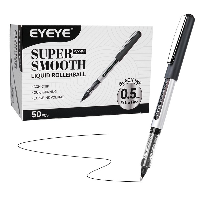 EYEYE Rollerball Pens 0.5mm Black 50 Pack, Extra Fine Point