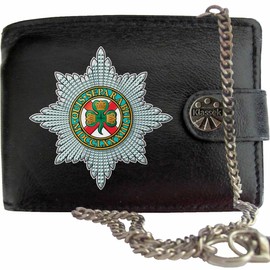 Klassek Irish Guards Image Men Chain Wallet Real Leather Cap Badge Emblem Military Crest Insignia RFID Blocking with Coin Pocket and Metal Gift Box