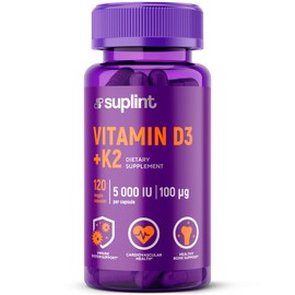 Vitamin D3 + K2 5000 IU, 2 in 1, for Bones, Heart and Health, Daily Support Complex for Women and Men, Non-GMO, Gluten-Free, Vegan, 120 Capsules