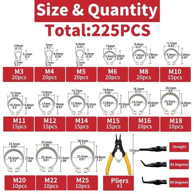 225Pcs External Retaining Rings Snap Rings Assortment Kit, 304 Stainless