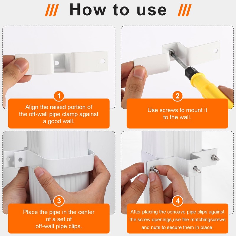 6-Pack Downspout Straps 2x3 & Wall Brackets, White Downspout Fasteners