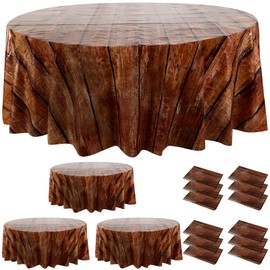 Oudain Wood Grain Round Tablecloth 84 Inch Rustic Plastic Table Cloth Waterproof Western Brown Table Cover Disposable Vintage Farmhouse Tablecloth for Kitchen Dinning Room Party(Dark Brown, 12 Pcs)