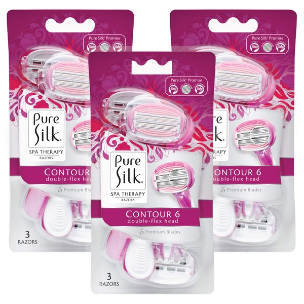 Pure Silk Contour 6 Premium Disposable Razor Value Pack Bundle (3 Packs/9 Total Razors)
