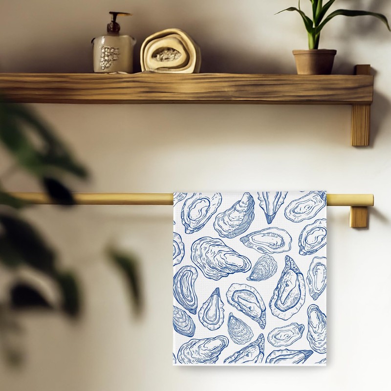 Trenstise Blue Coastal Oyster Kitchen Towels, Beach Bathroom Decor, Retro