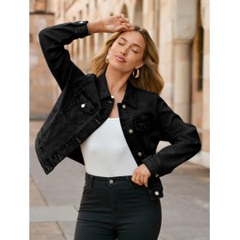Glamaker Denim Jacket for Women 2025 Distressed Jean Jackets Button Down Casual Retro Oversized Jean Shacket with Pockets(Denim Black M)