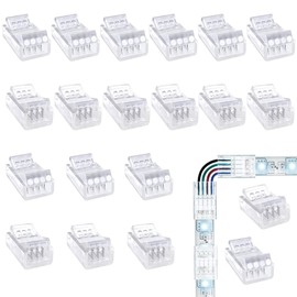Paquete de 20 conectores de tira de luz LED RGB, 4 pines de 10 mm, 2 tipos de conectores adaptadores LED impermeables transparentes sin soldadura para conector de iluminación de pista sin cables, 5 V,