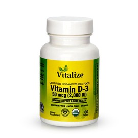 Vitalize - Organic Whole Food VIT D-3 | Immune Support Supplement | Vitamin D3 | Supports Bone and Overall Health | Gluten Free | Non GMO | Vegan | Each Bottle Contain 60 Tablets | 50 mcg | 2,000 IU