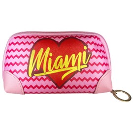 Miami Cosmetic Bag, Red Chevron Pattern on a Pink Background, Gold Letters, with Zipper and Keychain, Ideal as a Portable Toiletry Organizer or a Makeup Bag