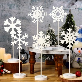 Geetery 6 Pcs Winter Wood Snowflake Table Decor Snowflakes Centerpiece Standing Sign Wooden Snowflakes Block Snowflake Tabletop Rustic Fireplace Decor for Winter Christmas Party Home Decoration