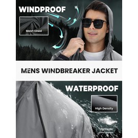 Yimoon Windbreaker Jackets for Men Lightweight Hooded Outdoor Jacket Oversized Zip Up Patchcolor Raincoat Jacket(Grey-S)