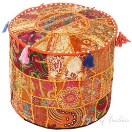 Bohemian Patch Work Ottoman Cover,Traditional Vintage Indian Pouf Floor/Foot Stool, Christmas Decorative Chair Cover,100% Cotton Art Decor Cushion, 14x22'. Only Cover, Filler not Included