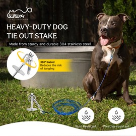 Sliridog Heavy Duty Dog Tie Out Stake and Cable, 360° Swivel Dog Run, 304 Stainless Steel, Up to 160 LBS, for Yard, Outdoor, Camping (Silver, Stake and 30ft Cable)