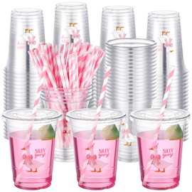 Qinyoung 50 Pcs Silly Goose Birthday Party Disposable Plastic Cups with Lids and Straws 16oz Cute Cold Beverage Drinking Cups for Baby Showers One Silly Goose Party Supplies Decorations (Pink)
