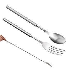 Set of 2 Telescopic Forks, Telescopic Spoons, Long Telescopic Spoon, Fork, Retractable Set, Long Spoon, 63 cm Stainless Steel Telescopic Spoon, 64 cm Stainless Steel Telescopic Fork, for BBQ, Toasting, Dinner, Fruit, Dessert