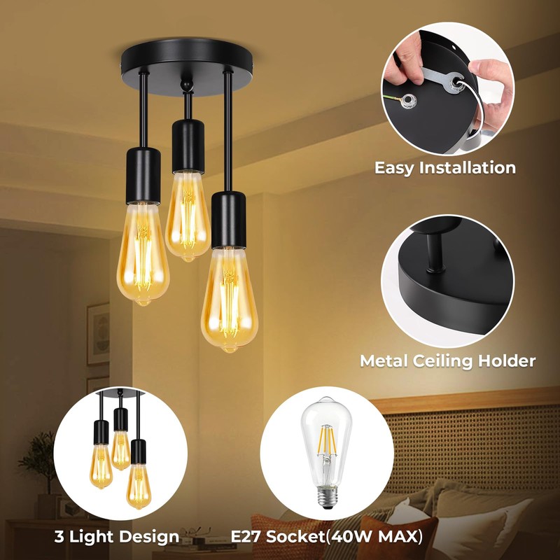 SERBASIC Ceiling Lights Fittings 3 Way Ceiling Light with E27