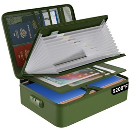 ENGPOW 5200℉ Fireproof File Organizer Bag with 13 Pocket Accordion File Folder,Document Organizer Box with Lock&Labels,Multi-Layer Portable Home Travel Safe Storage for Important Documents,Green