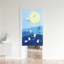 Japanese Noren Door Cover Curtain Bunnies Frolicking Under Moon Printing Doorway Curtain Home Privacy Partition Decor, 33.5 Inch by 59.1 Inch, Blue