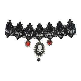 Zac's Alter Ego Lace Choker with Skull & Crossbones Cameo & Red Jewels
