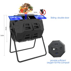 SQUEEZE master Large Compost Tumbler Bin - Outdoor Garden Rotating with Thermometer -Automatic Temperature Measurement-Sturdy Steel Frame - 43Gallon (2-21.5Gal)- Blue Door