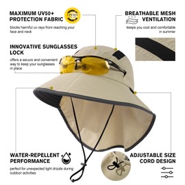 TOP-EX M/L/XL/XXL Unisex Mens Sun Hat for Women with Neck Flap Sunglass Lock UV Protection Wide Brim Fishing Hats Waterproof & Packable Beige M/L