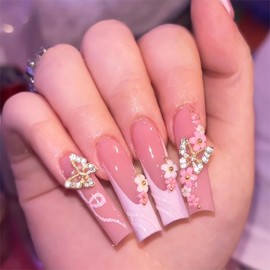 RTKHFZE Xl Press on Nails Long Square Press On False Nails French Tip Fake Nails with 3D Flower and Butterfly Designs Acrylic Nails Pink Full Cover Stick on Nails for Women 24Pcs