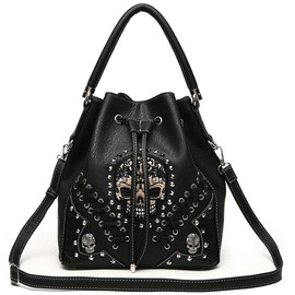 Punk Gothic Rock Metallic Skull Rivet Studded Skeleton Purse Sugar Skull Women Handbag Fashion Shoulder Bag Wallet Set (Black Set)