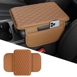 OtpOutopa Car Center Console Armrest Cover, Leather Car Center Console Cover Cushion with 2 Storage Bags, Universal Center Console Pad Car Armrest Lids Storage Box Auto Interior Accessories (Brown)