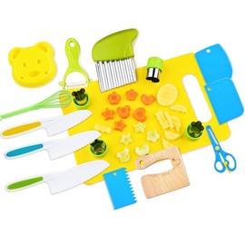Kids Kitchen Knife Set (17-piece) - Realistic cooking tool kit for kids, including toddler cutting board, sandwich maker and peeler, perfect for toddler birthday gifts