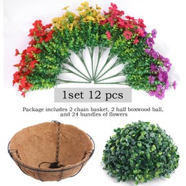 Hananona Hananona 2 Set Artificial Outdoor Flowers with Hanging Basket, 2 Hanging Planters with 24 Pcs Flowers for Spring Summer Front Porch Garden Patio Home Decor (2, Red, Purple, Yellow, Rose Red)