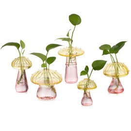 Glasseam Mushroom Plant Propagation Stations: Colored Glass Terrarium Jar Set of 5 Cute Planters for Indoor Plants Mini Propagate Station Unique Christmas Birthday Gifts for Women Home Office Decor